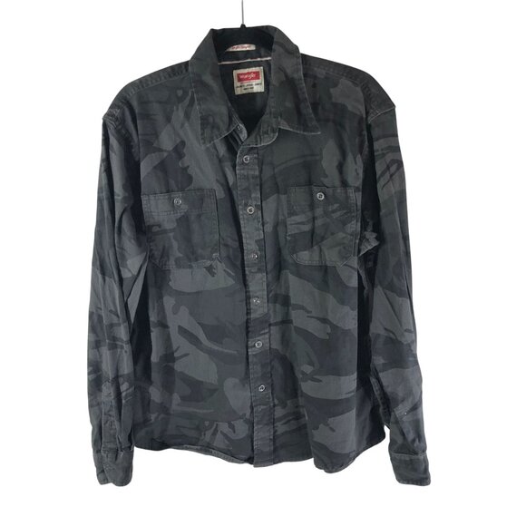 Wrangler Mens Button Down Shirt Flex Comfort Twill Cotton Camouflage Gray L - Picture 1 of 4